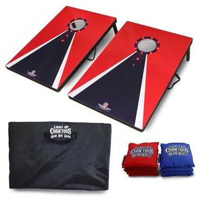 DRIVEWAY GAMES<sup>&reg;</sup> Corntoss Game - This high quality traditional wood construction game is a classic for all occasions. The game set includes (2) wood regulation cornhole boards, (8) All-weather regulation bean bags, carry bag and corntoss rules. A super fun outdoor game for your lawn, patio, backyard or beach with battery powered LED lights. Complete set weighs 29 lbs.